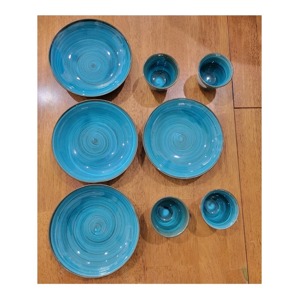Pier 1 Japan‎ Pottery Dish Set Blue Crackle Glaze Plates Cups 4pc Set